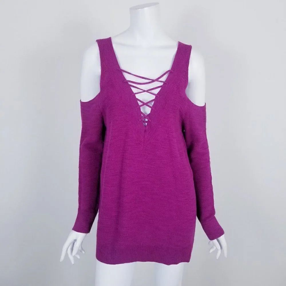 Express Pink Lace Up Cold Shoulder Sweater Medium